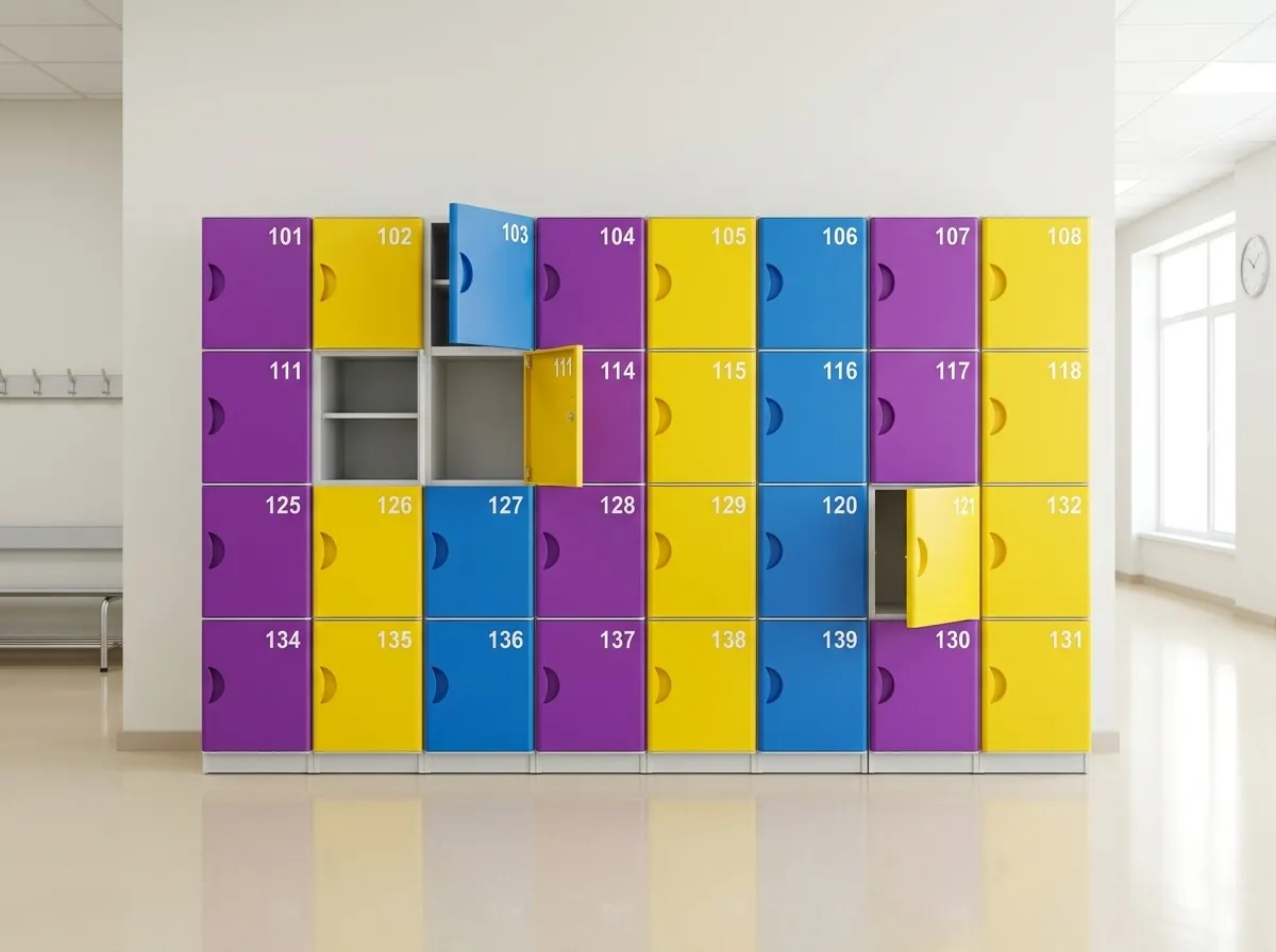 Lockers escolares de plástico de colores numerados en un colegio