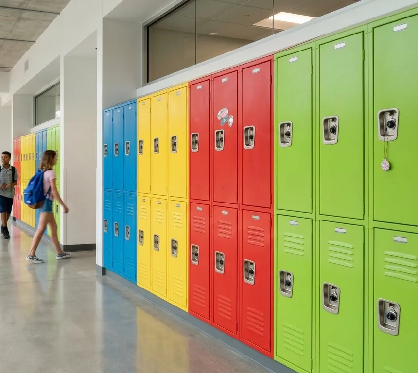 Lockers escolares metálicos de colores en el pasillo de una escuela