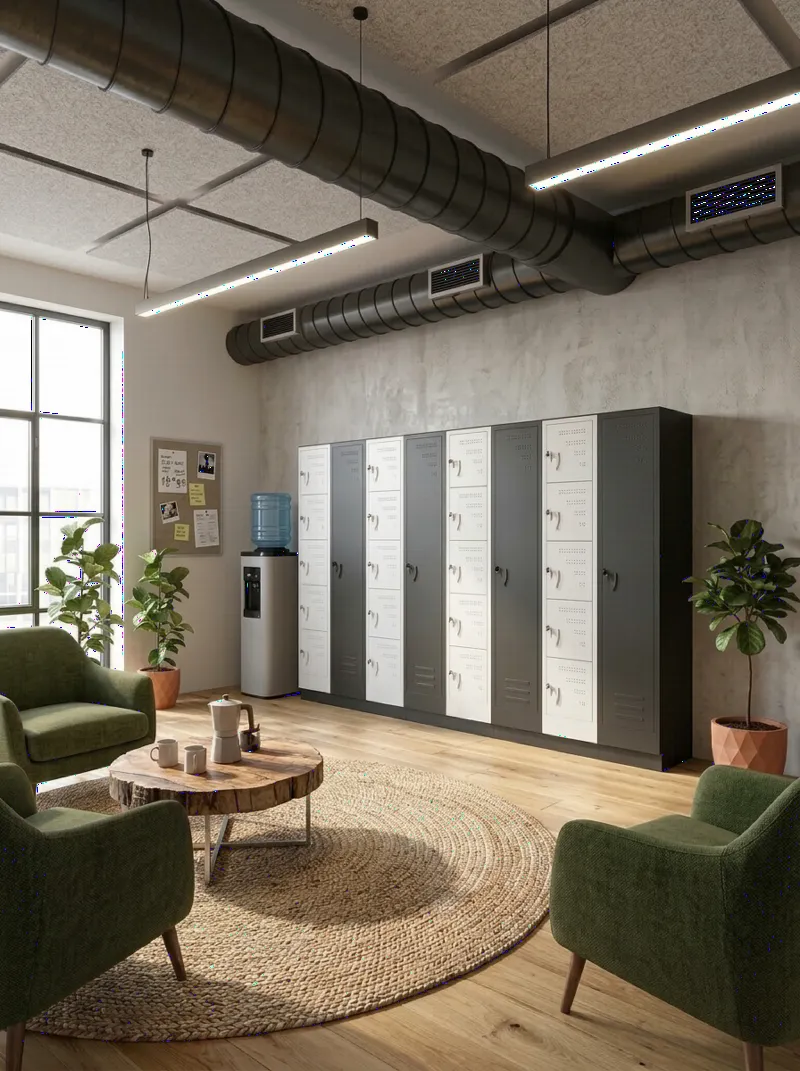 Lockers metálicos para empleados en el área de descanso de una oficina