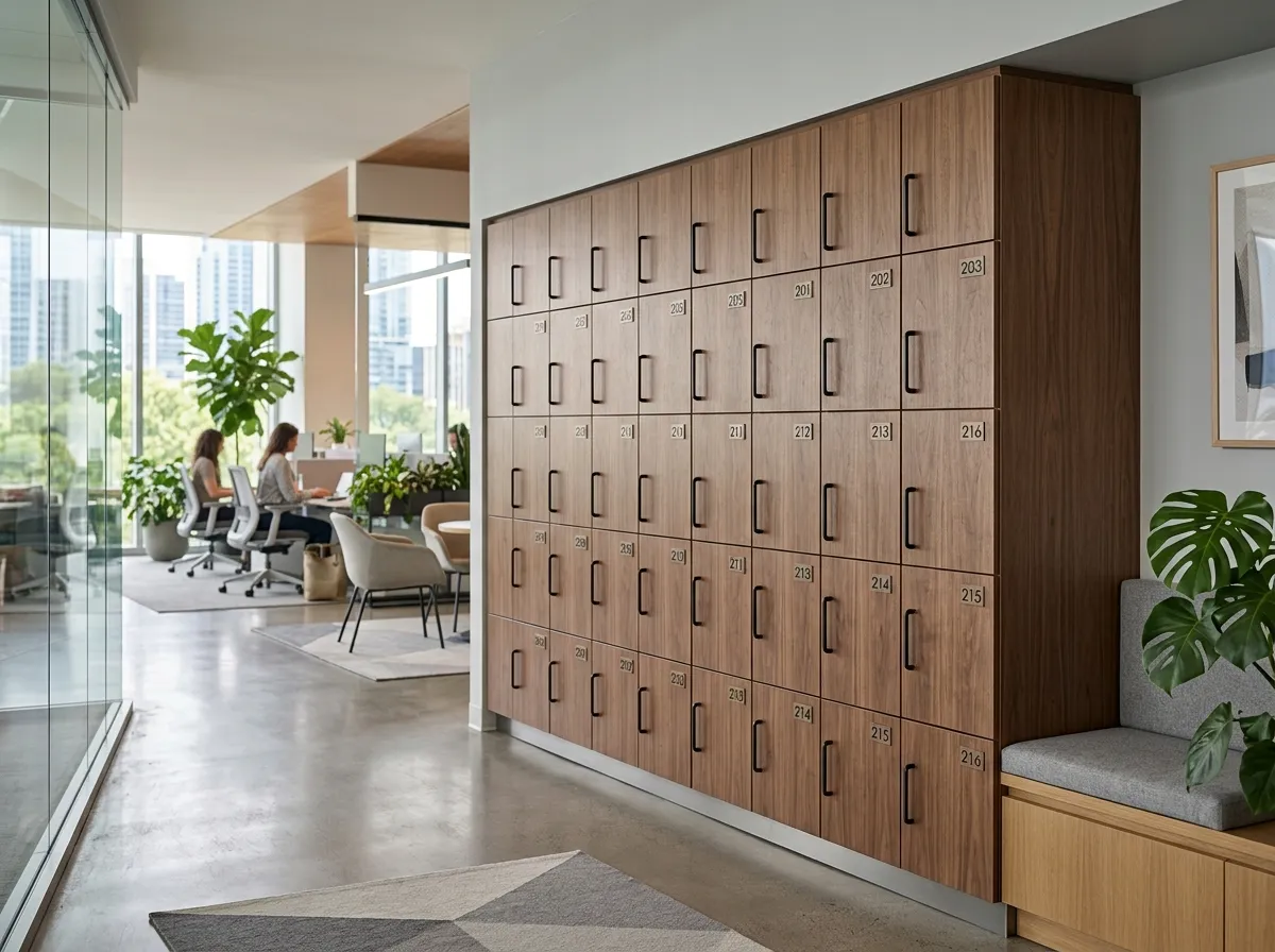 Lockers de madera numerados para empleados en una oficina corporativa