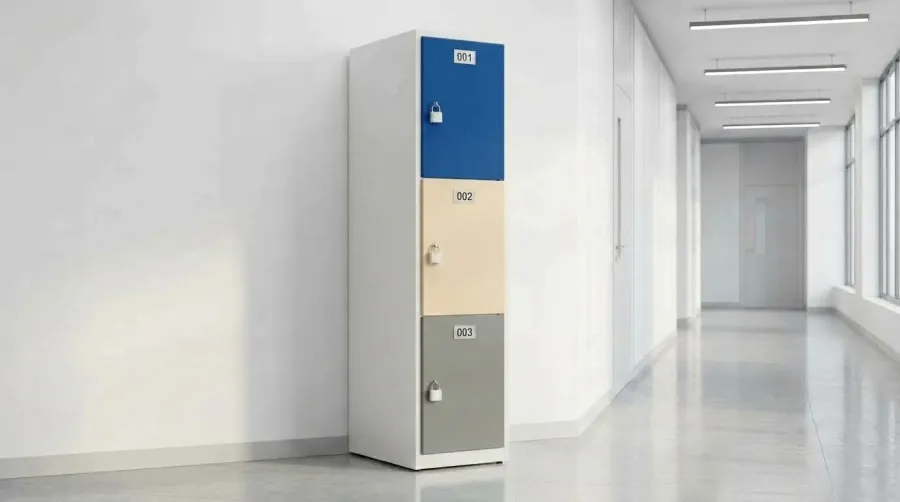 Locker de plástico de 3 puertas en colores azul, arena y gris