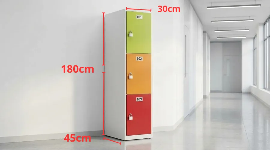 Locker de plástico de 3 puertas con medidas: 180 cm de alto, 30 cm de ancho y 45 cm de fondo