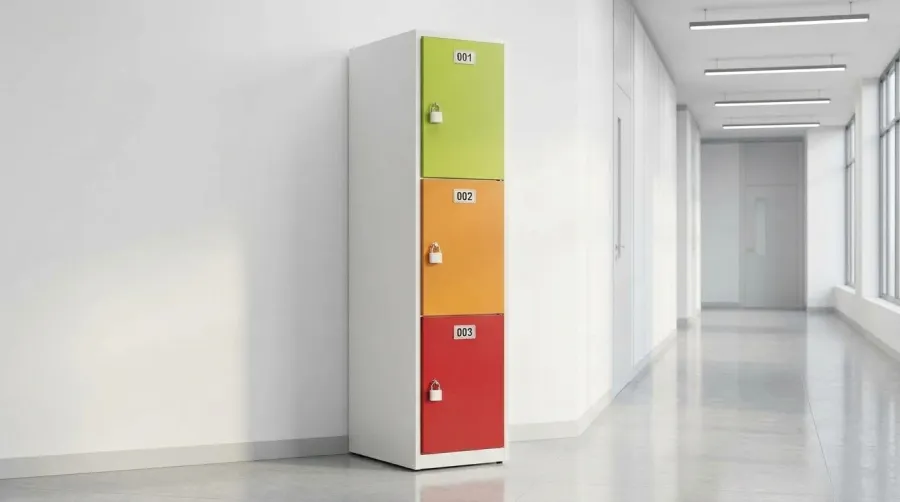 Locker de plástico de 3 puertas en verde, naranja y rojo
