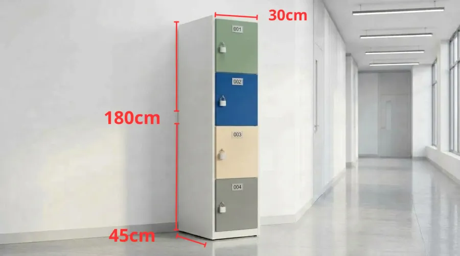 Locker de plástico de 4 puertas con medidas: 180 cm de alto, 30 cm de ancho y 45 cm de fondo
