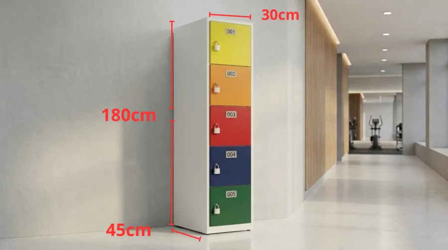 Locker de plástico de 5 puertas con medidas: 180 cm de alto, 30 cm de ancho y 45 cm de fondo