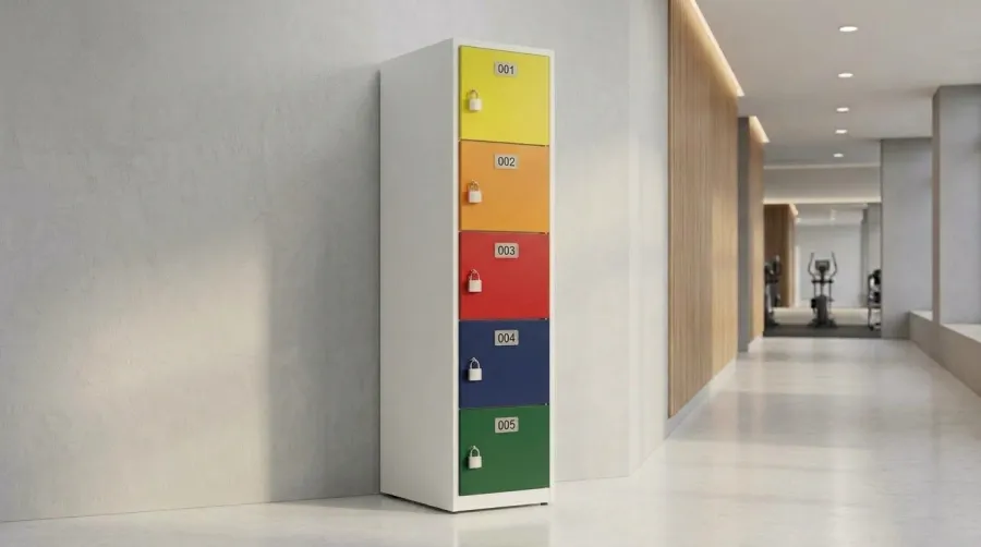 Locker de plástico de 5 puertas en amarillo, naranja, rojo, azul y verde