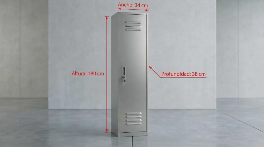 Locker metálico de 1 puerta con medidas: 180 cm de alto, 34 cm de ancho y 38 cm de fondo