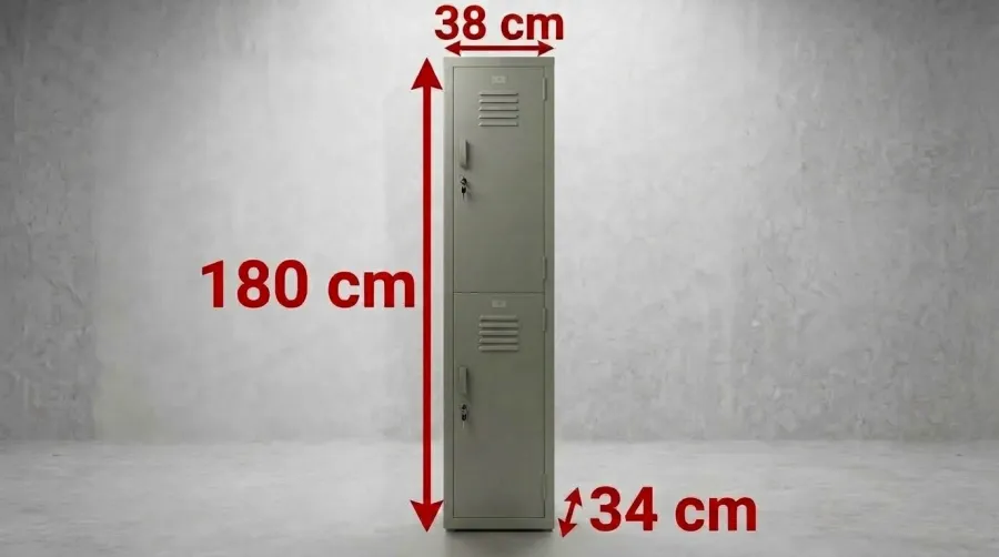 Locker metálico de 2 puertas con medidas: 180 cm de alto, 34 cm de ancho y 38 cm de fondo