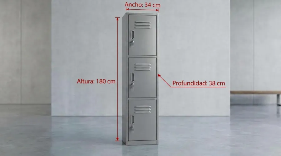Locker metálico de 3 puertas con medidas: 180 cm de alto, 34 cm de ancho y 38 cm de fondo
