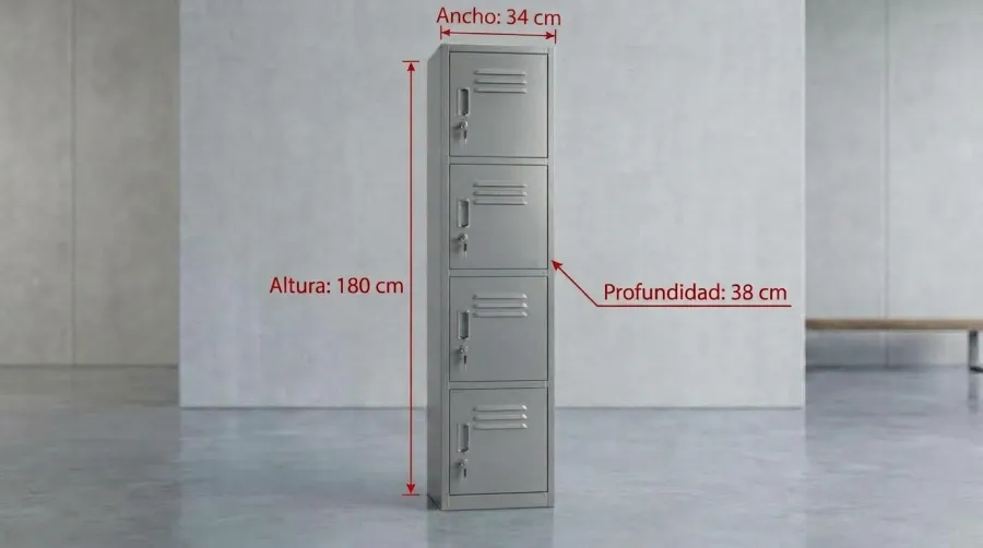 Locker metálico de 4 puertas con medidas: 180 cm de alto, 34 cm de ancho y 38 cm de fondo