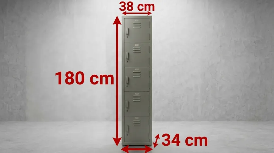 Locker metálico de 5 puertas con medidas: 180 cm de alto, 34 cm de ancho y 38 cm de fondo